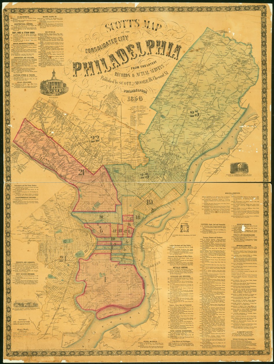 Scottsin kartta Philadelphian yhdistyneestä kaupungista, 1856 (käsinvärinen kaiverrus) tekijältä James F. Scott