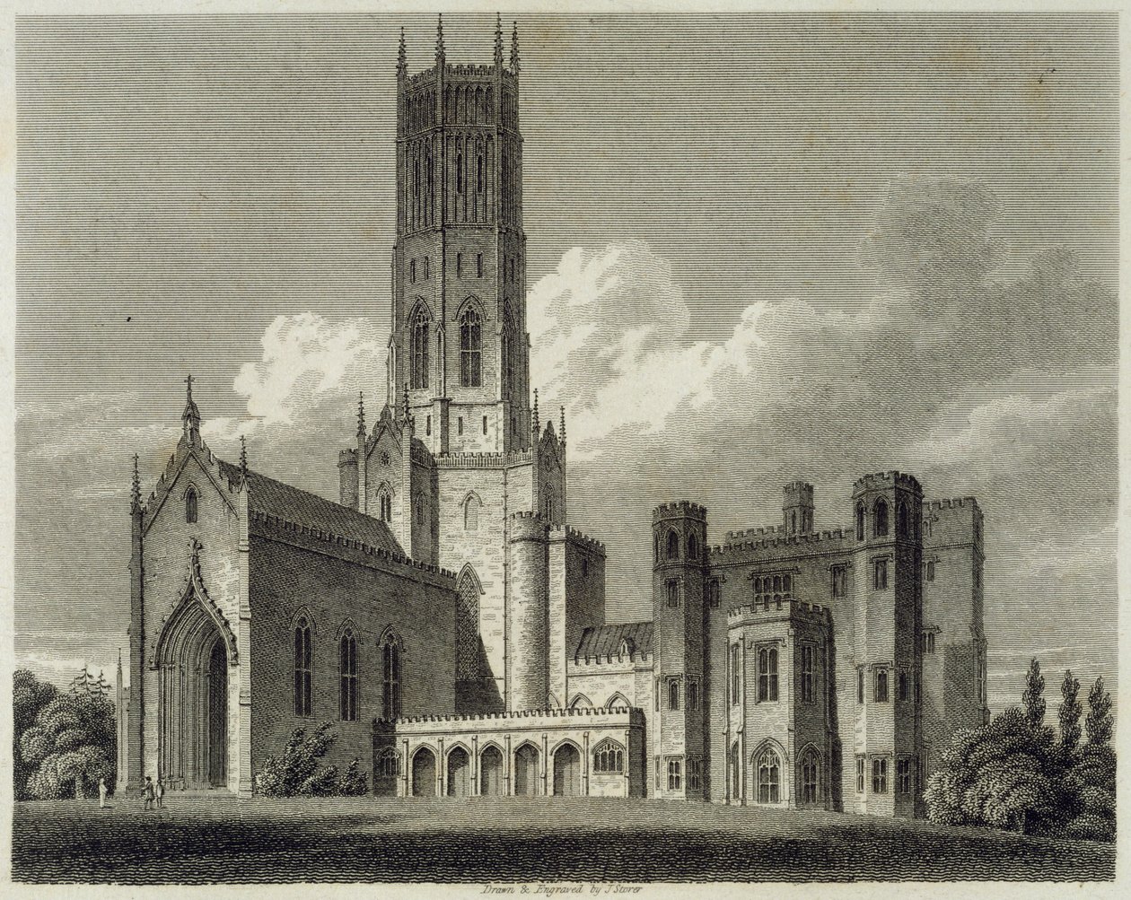 Fonthill Abbeyn kaakkoisnäkymä, 1812 tekijältä James Storer