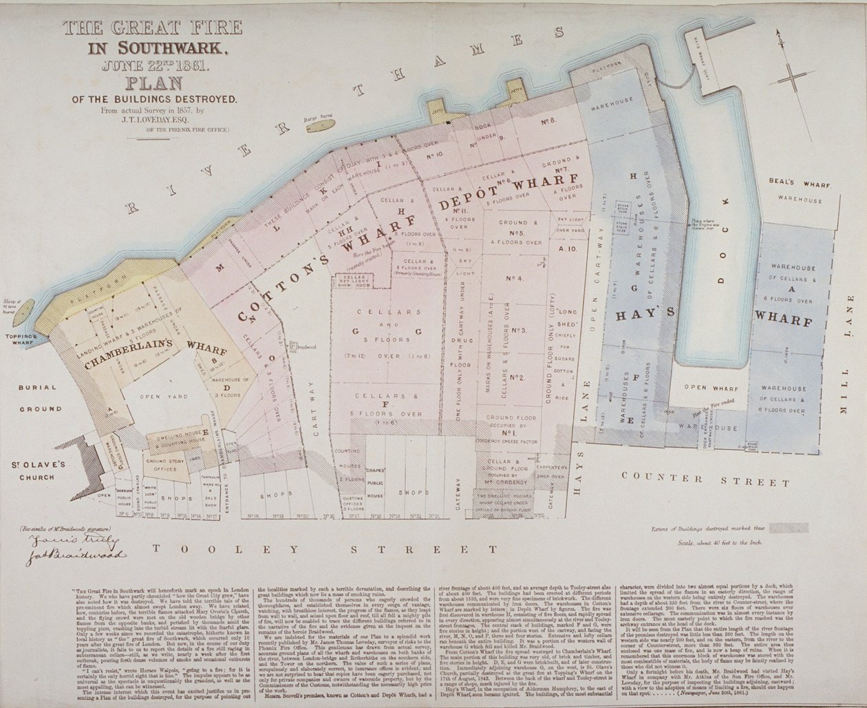 Suunnitelma Chamberlains Wharfin, Cottons Wharfin ja Hays Wharfin Cottons Wharfin palossa vuonna 1861 tuhoutuneista rakennuksista tekijältä James Thomas Loveday
