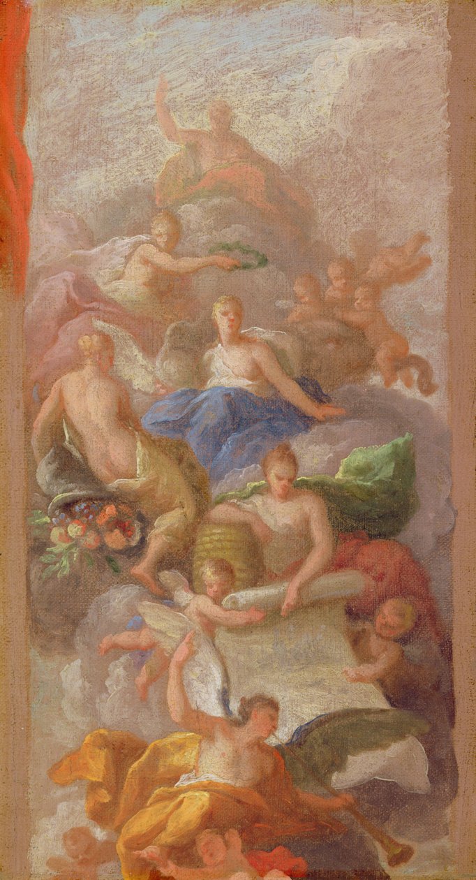 Luonnos kiitollisuudesta, jonka kruunaa rauha, ja muita allegorisia teollisuutta, mainetta ja runsautta, n. 1712-1313 tekijältä James Thornhill
