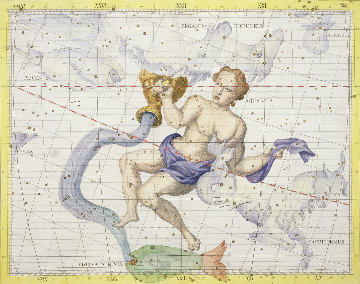 Vesimiehen tähdistö, levy 9 Atlas Coelestiksestä, John Flamsteed (1646-1710), julkaistu vuonna 1729 (käsinvärinen kaiverrus) tekijältä James Thornhill