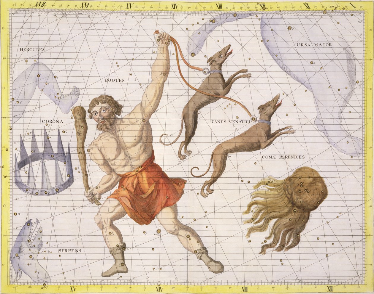Constellation of Bootes, levy 20 "Atlas Coelestis", kirjoittanut John Flamsteed (1646-1710), julkaistu vuonna 1729 (käsinvärinen kaiverrus) tekijältä James Thornhill