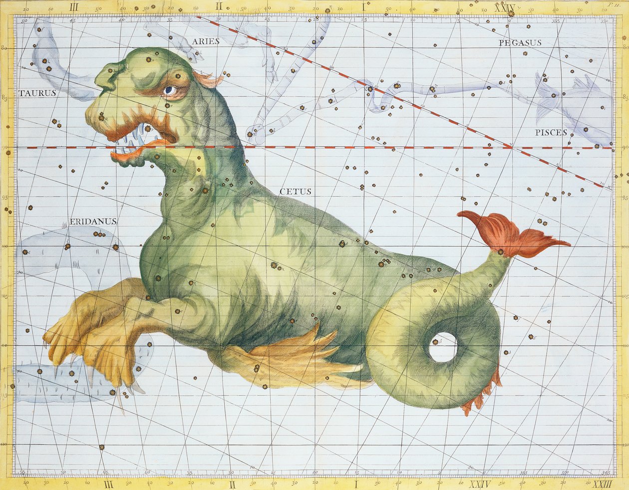 Constellation of Cetus the Whale, John Flamsteedin (1646-1719) "Atlas Coelestis" -kirjasta, pub. vuonna 1729 (käsinvärinen kaiverrus) tekijältä James Thornhill
