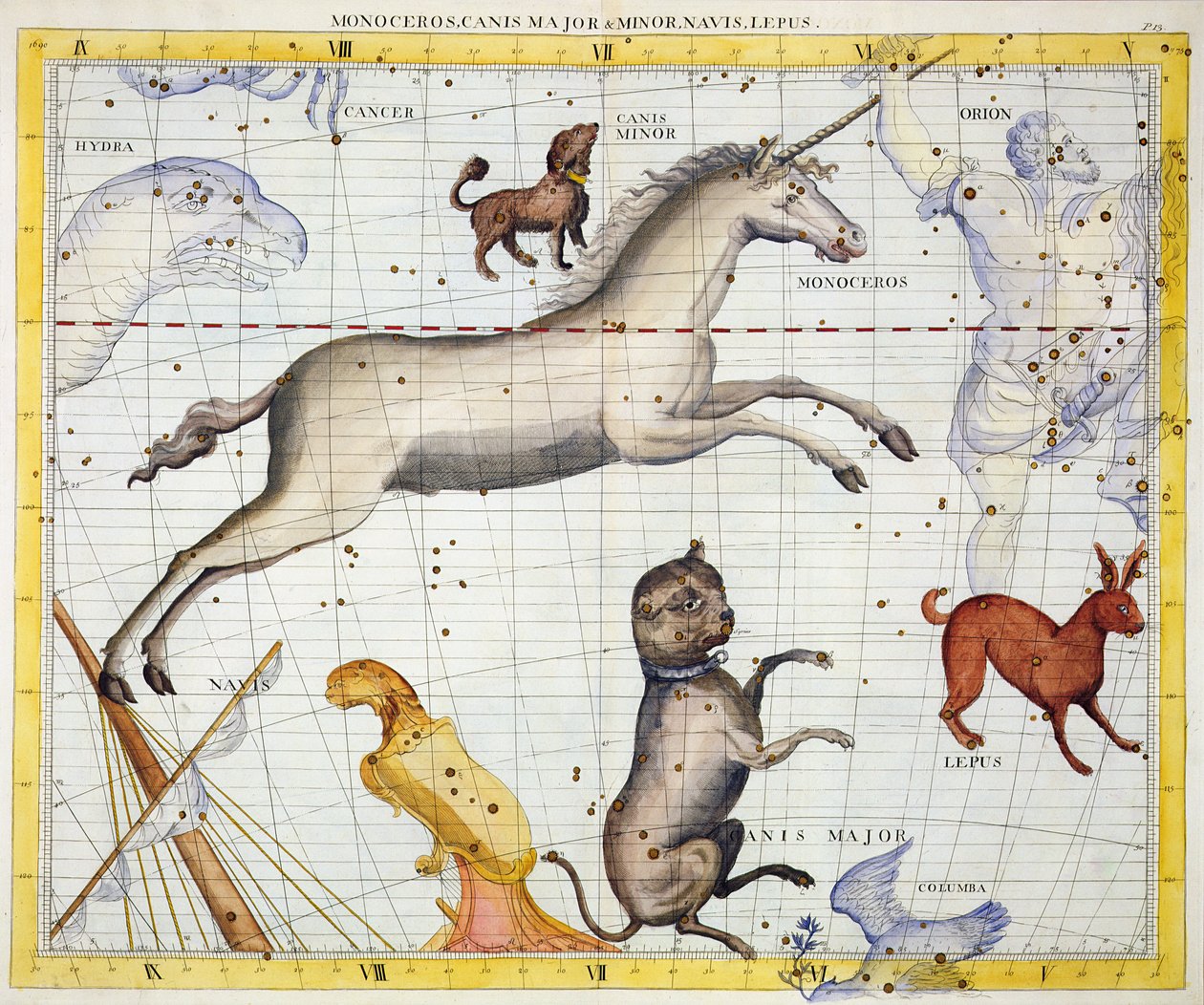 Monoceroksen tähdistö sekä Canis Major ja Minor, levy 13 John Flamsteedin (1646-1710) "Atlas Coelestis" -teoksesta, julkaistu 1729 (käsin väritetty kaiverrus). tekijältä James Thornhill