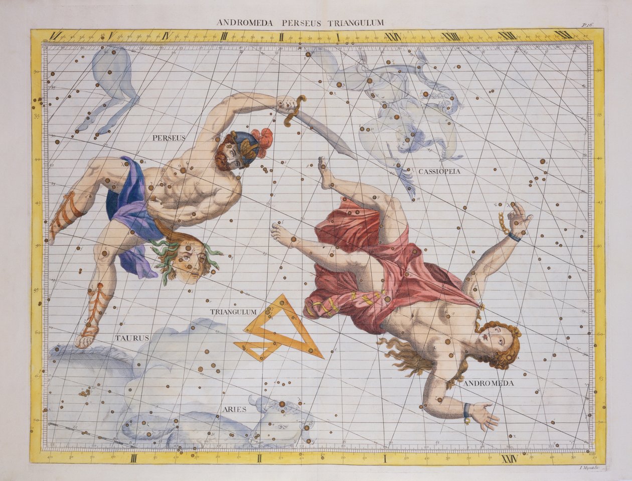 Constellation of Perseus and Andromeda, "Atlas Coelestis", kirjoittanut John Flamsteed (1646-1719), pub. vuonna 1729 (käsinvärinen kaiverrus) tekijältä James Thornhill