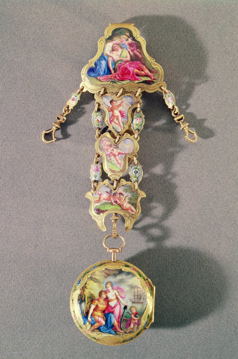 Kello ja chatelaine, joka kuvaa Didoa ja Aeneasta, n. 1785 (kulta ja emali) tekijältä James Tregent