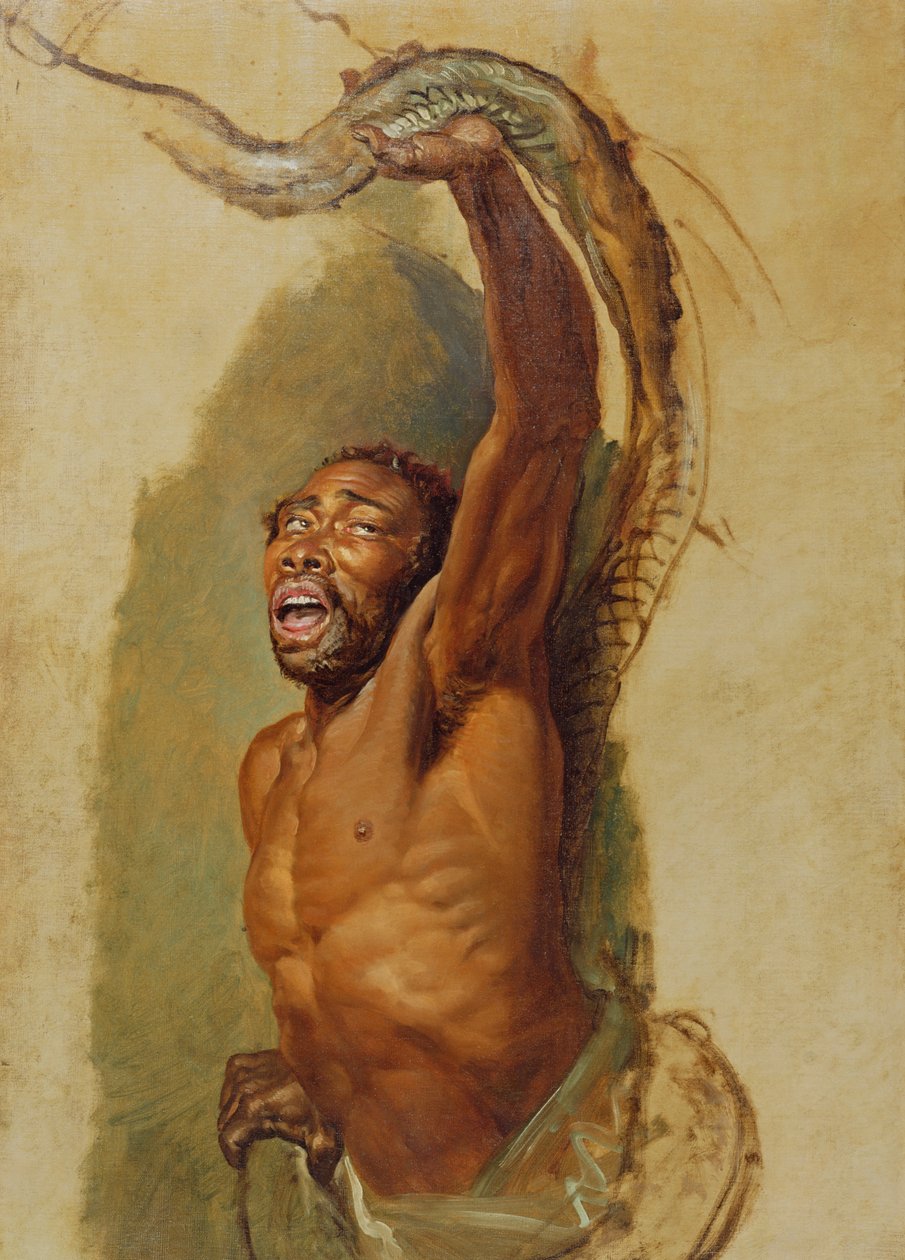 Mies kamppailee boa constrictorin kanssa, tutkimus "Liboya Serpent Seizing its Prey", n. 1803 tekijältä James Ward
