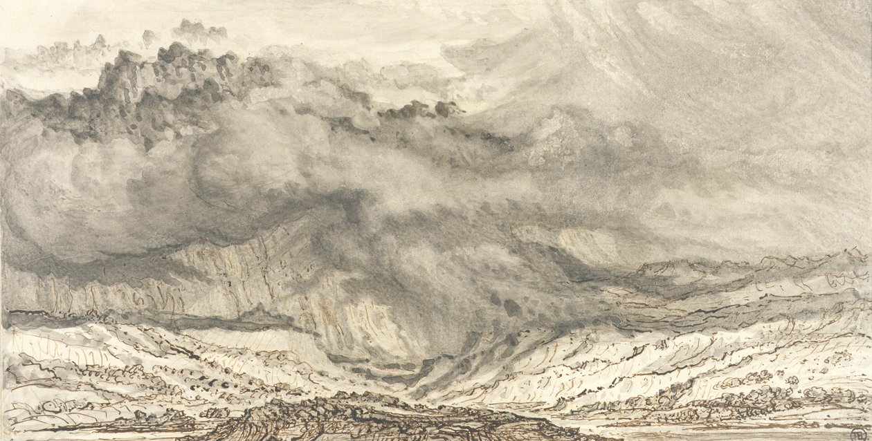 Snowdon, An Approaching Storm, 1853 (kynä ja harmaa pesu paperilla) tekijältä James Ward