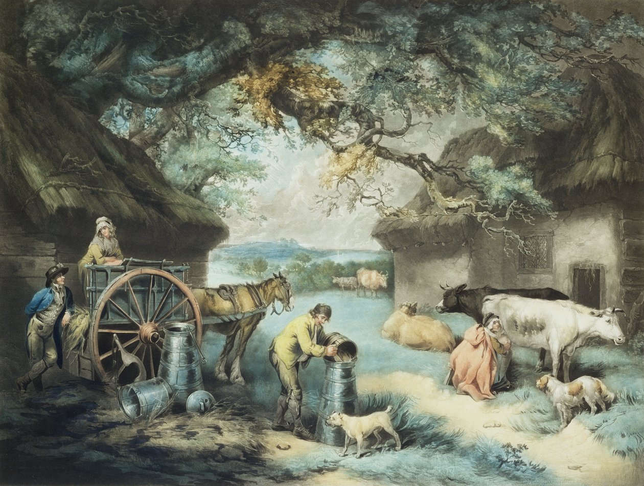Maitotila, taiteilijan kaivertama, pubi. R. Ackermann, 1801 (mezzotint-kaiverrus) tekijältä James Ward