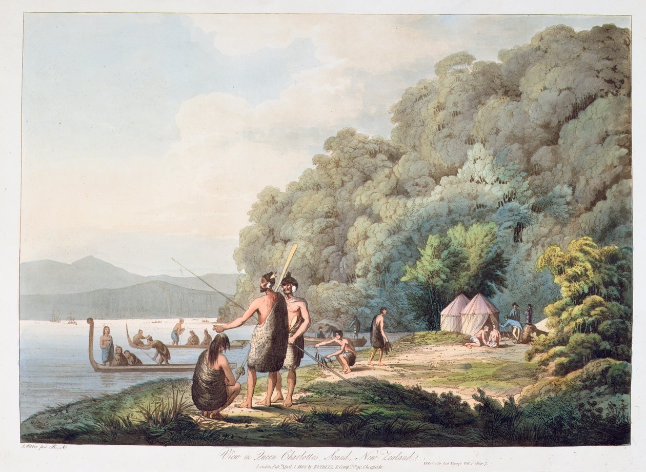 Näkymä Queen Charlotte Soundissa, Uudessa-Seelannissa, Views in the South Seasista, 1809 (käsinvärinen akvatinta) tekijältä James Webber