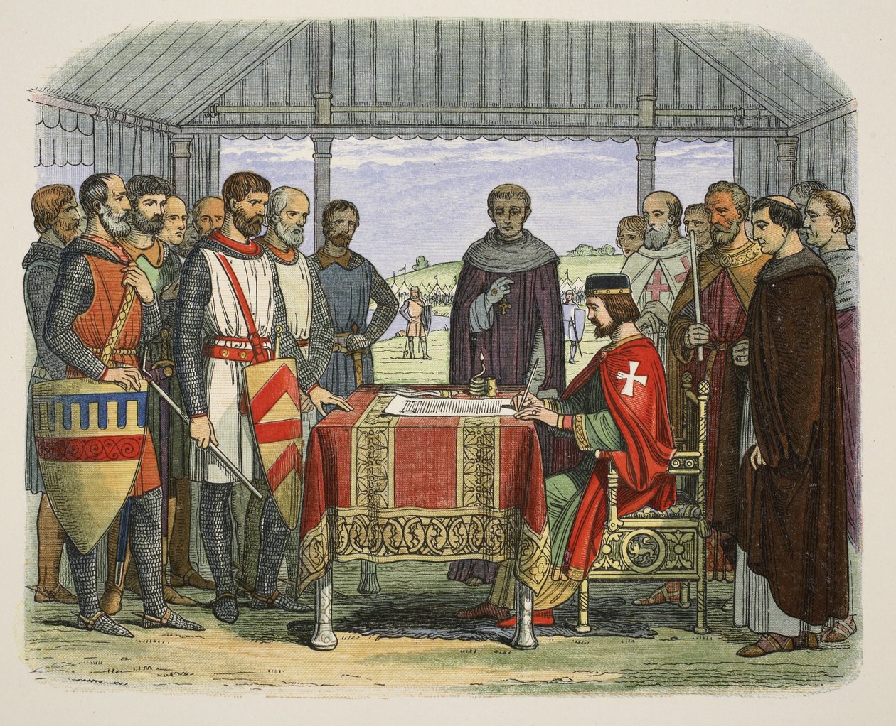 Kuningas Johannes allekirjoittaa Suuren peruskirjan, A Chronicle of England eKr. 55 - 1485 AD, pub. Lontoo, 1863 tekijältä James William Edmund Doyle