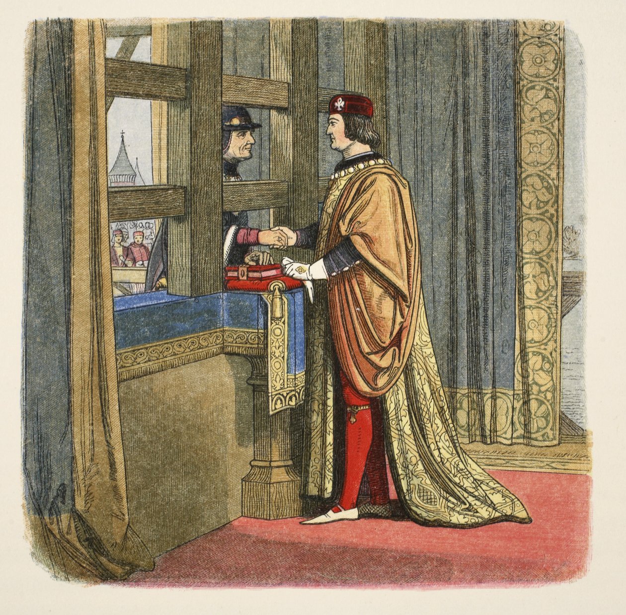 Edward IV:n ja Ranskan Ludvig XI:n tapaaminen Pecquignyssä, 29. elokuuta 1475, A Chronicle of England eKr. 55–1485, pub. Lontoo, 1863 tekijältä James William Edmund Doyle