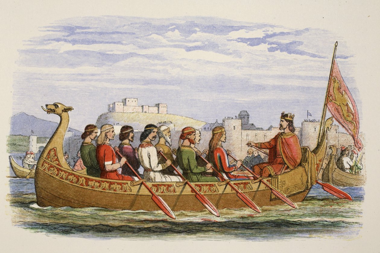 Edgarin proomu, jota miehitti kahdeksan kuningasta Dee-joella, 973 jKr., A Chronicle of England eKr. 55–1485, pub. Lontoo, 1863 tekijältä James William Edmund Doyle