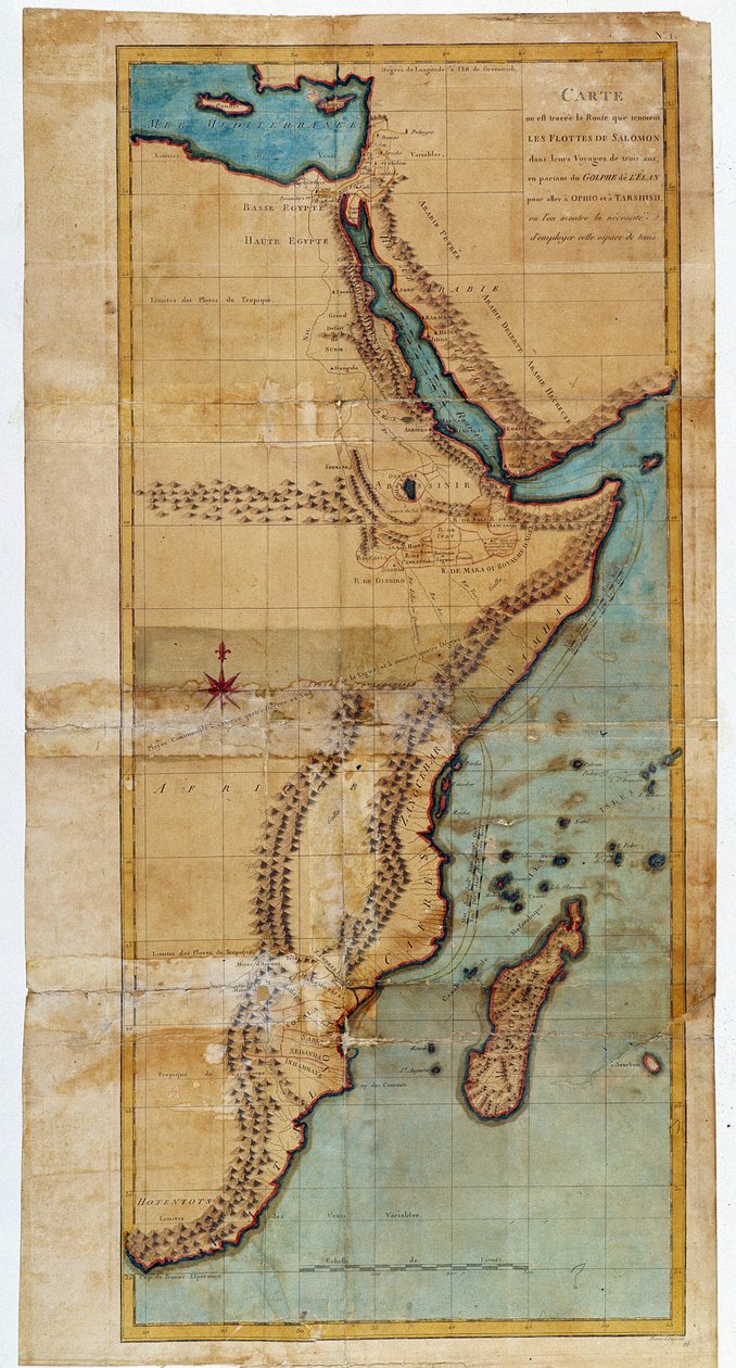 Itä-Afrikan kartta (kartta reitistä, jonka Salomonin laivasto kulki) - "" Matka Nubiaan ja Abessiniaan, joka toteutettiin Niilin lähteiden löytämiseksi vuosina 1768-1772", kirjoittanut James Bruce, Pariisi tekijältä James Bruce