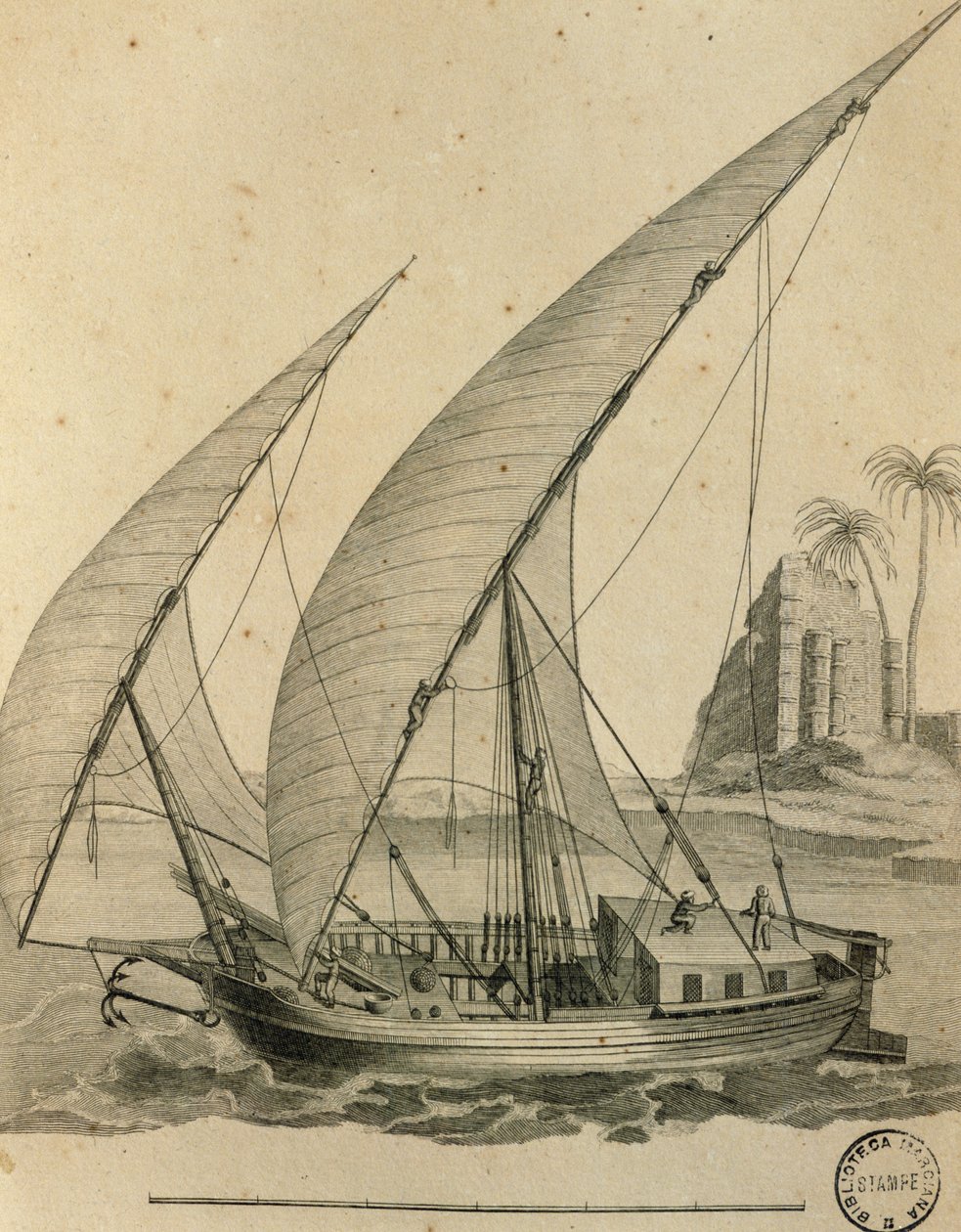 Nubian purjevene, Egypti, kaiverrus Cartes et figures du Voyage en Nubie et en Abyssinie, James Bruce tekijältä James Bruce