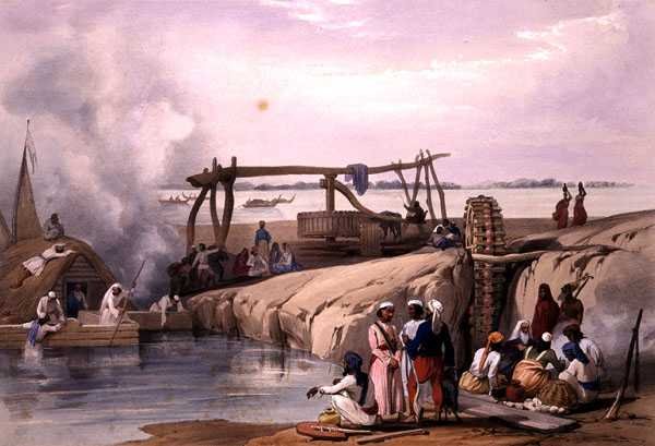 Kohtaus Sutlej-joella, Punjabissa, "Sketches in Afghanistan" -teoksesta, kaiverrettu Charles Haghe (1810-88) ja Louis Haghe (1806-85), julkaisija Henry Graves tekijältä James (after) Atkinson