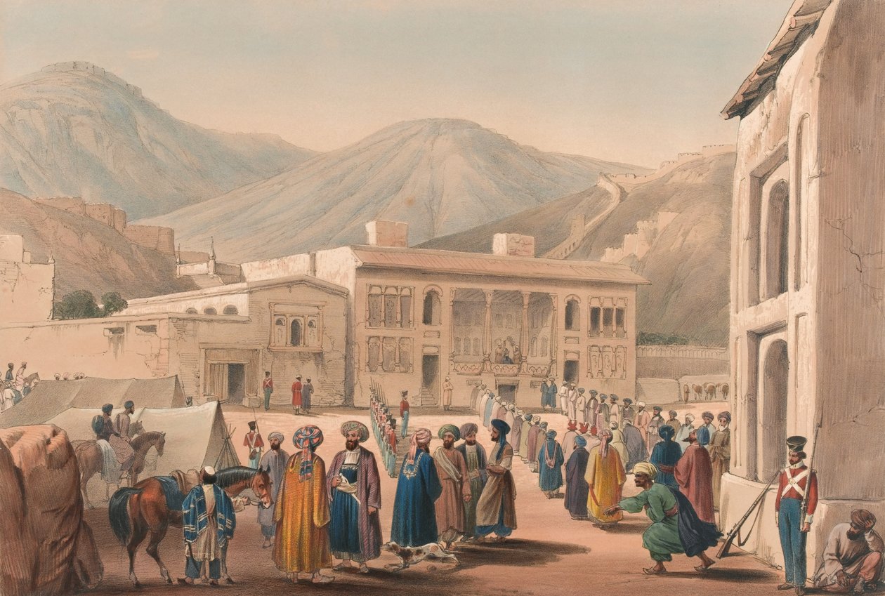 Shah Shoojah-ool-Moolkin Durbar-Khaneh, Cabaul [sic], noin 1840 (litografia, sävytetty). tekijältä James (after) Atkinson