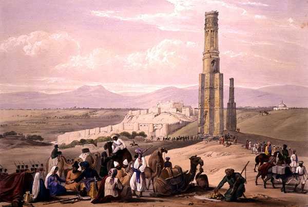 Ghunzeen linnoitus ja linnoitus sekä The Two Minars, "Sketches in Afghaunistan", kaiverrus Charles Haghe (1810-88) ja Louis Haghe (1806-85), julkaisija Henry Graves tekijältä James (after) Atkinson