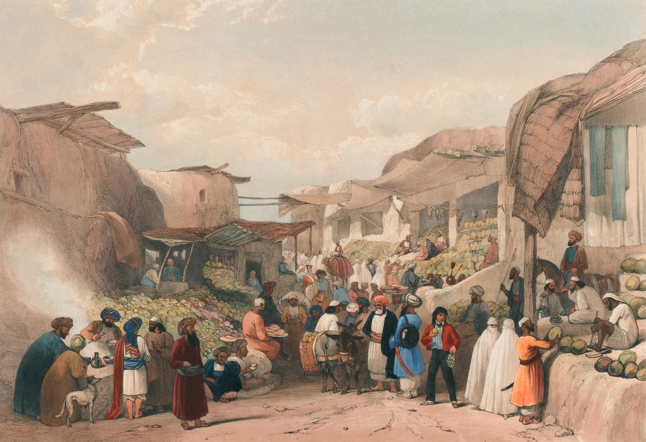 Kaubulin basaarin pääkatu hedelmäkaudella, n. 1839 (litografia, sävytetty) tekijältä James (after) Atkinson