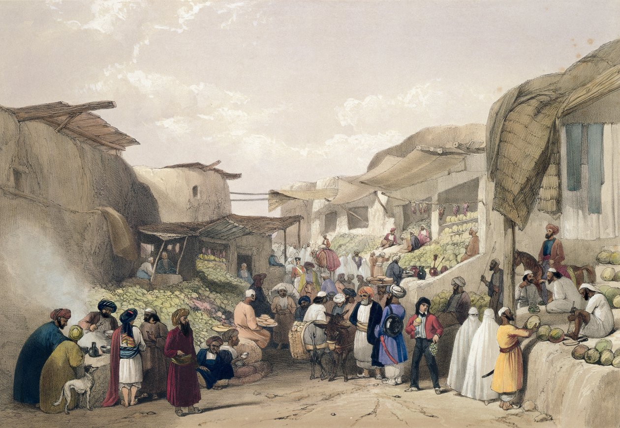 Pääkatu Caubulin basaarissa hedelmäkaudella, "Sketches in Afghaunistan", kaiverrettu Charles Haghe (1810-88) ja Louis Haghe (1806-85), julkaisija Henry Graves tekijältä James (after) Atkinson