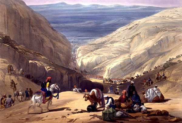 The Second Descent Through the Koojah Pass, teoksesta "Sketches in Afghaunistan", kaiverrus Charles Haghe (1810-88) ja Louis Haghe (1806-85), julkaisija Henry Graves tekijältä James (after) Atkinson