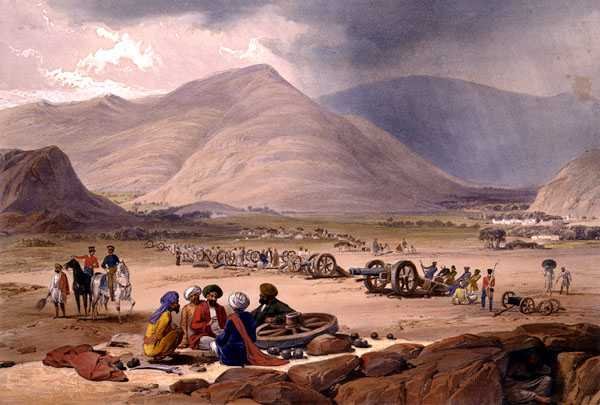 Urghundeen kylä kirjasta "Sketches in Afghaunistan", kaiverrettu Charles Haghe (1810-88) ja Louis Haghe (1806-85), julkaisija Henry Graves tekijältä James (after) Atkinson