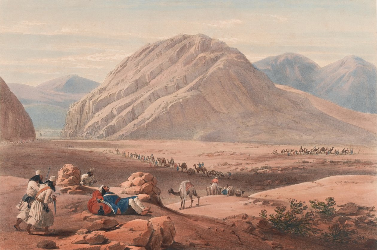 Näkymä Baba-Naunee-vuorelle, n. 1839 (litografia, sävytetty) tekijältä James (after) Atkinson