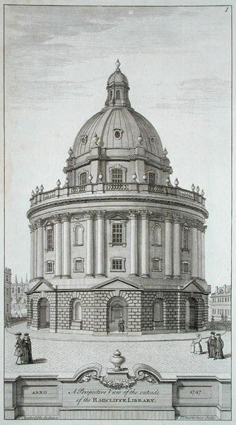 Ulkokuva, "Radcliffe Libraryn suunnitelmat, osat ja korkeus", kaiverrettu Pierre Fourdrinier (k. 1758), julkaistu 1747 (kaiverrus) tekijältä James (after) Gibbs