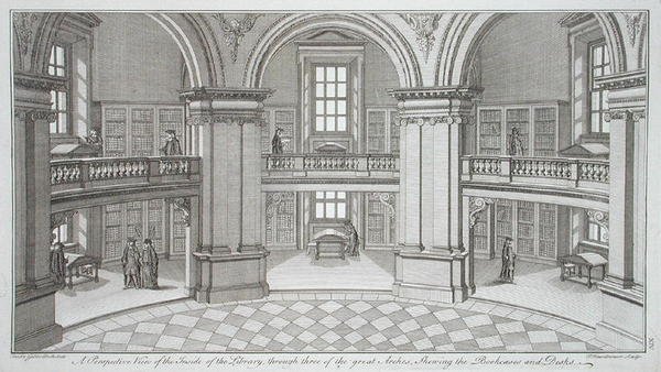 Sisäkuva teoksesta "Plans, Sections, and Elevations of the Radcliffe Library", kaiverrettu Pierre Fourdrinier (k.1758), julkaistu 1747 (kaiverrus) tekijältä James (after) Gibbs