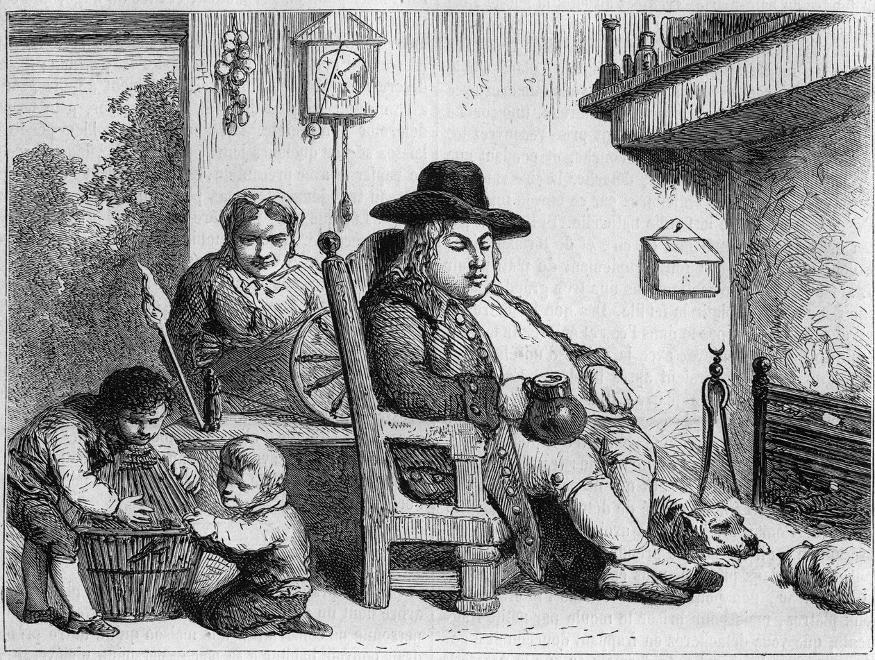 John Bull onnellinen: John Bull (tyypillinen englantilainen merkki, Englannin symboli) kotona vaimonsa ja lastensa kanssa. Gilbertin kaiverrus Gillrayn mukaan. "" Le Magasin viehättävässä"" tekijältä James (after) Gillray