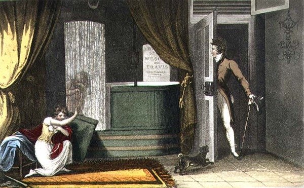 Suihkukylpy, lautanen "Poetical Sketches of Scarboroughista", kaiverrus Joseph Constantine Stadler (fl.1780-1812) pub. 1813 (väri litho) tekijältä James (after) Green