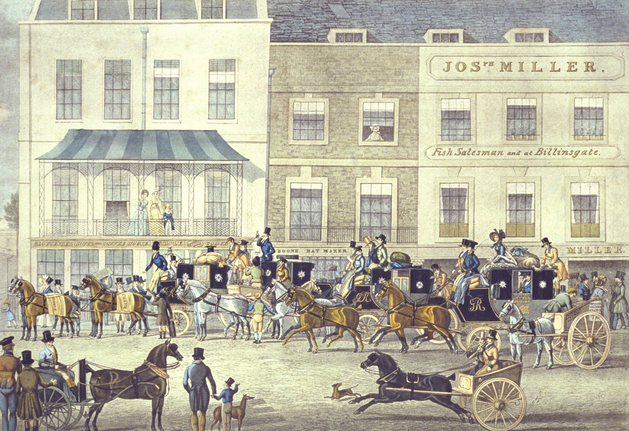 West Country Mail at the Gloucester Coffee House, Piccadilly, kaiverrettu C. Rosenbergin toimesta (värillinen litografia). tekijältä James (after) Pollard