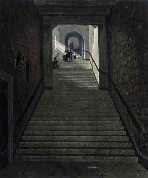 The Ancient Staircase, Windsorin linna, "Royal Residences", kaivertanut R. Reeve, pubi. Kirjailija: William Henry Pyne (1769-1843) tekijältä James (after) Stephanoff