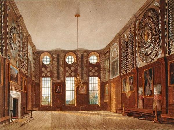 Guard Chamber, Hampton Court, teoksesta "The History of the Royal Residences", kaiverrus Richard Reeve (s.1780), William Henry Pyne (1769-1843) tekijältä James (after) Stephanoff