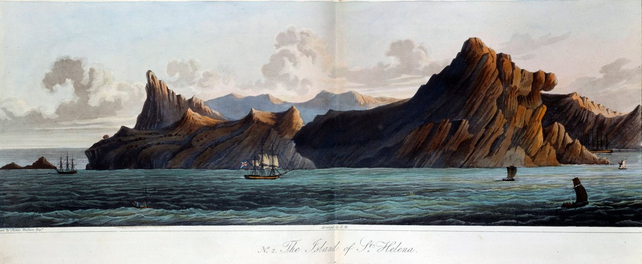 Näkymä Sainte Helenen saarelle (Sainte-Helene) 1800-luvulla. Akvarelli James Wathen (k. 1828) Paris, Musee de l