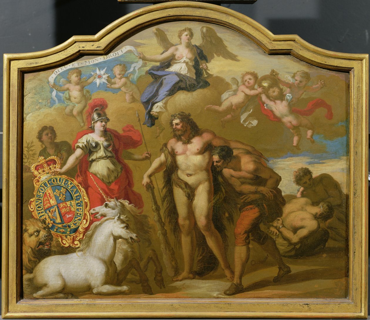 Allegory of the Power of Great Britain by Land, suunnittelu koristeelliselle paneelille George I:n seremonialliseen valmentajaan, n. 1718 (öljy paneelille) tekijältä James (attr. to) Thornhill