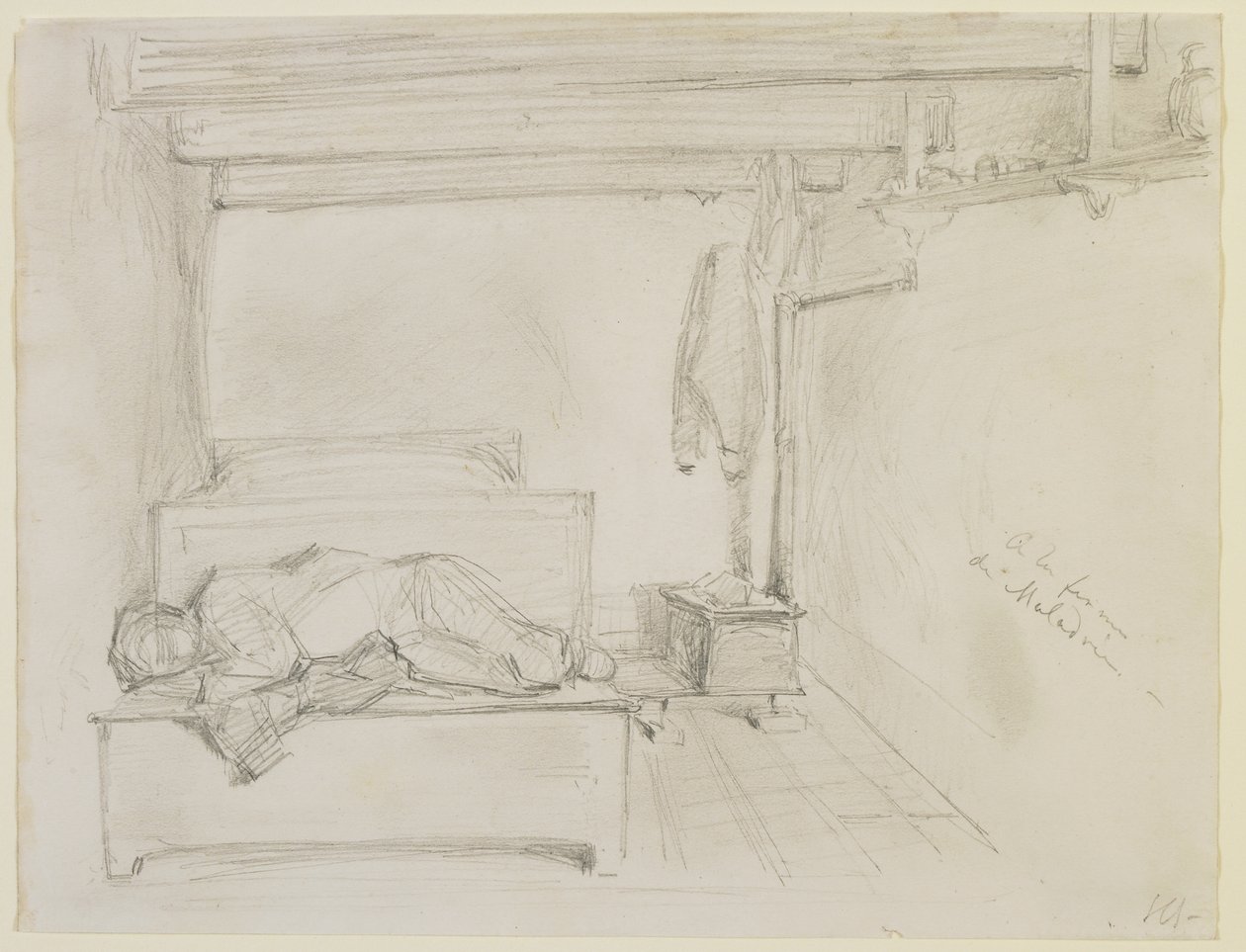 Maladrien tilalla 1858 (lyijykynä luonnonvalkoiselle kudottulle paperille tekijältä James Abbott McNeill Whistler