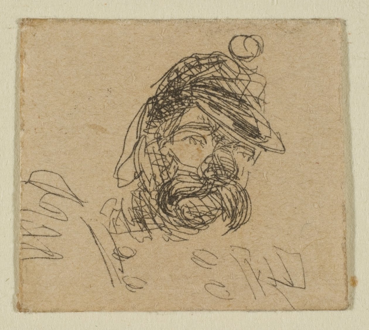 Parrakas mies sotilaslakissa Sketches on the Coast Survey -levystä, 1854-55. tekijältä James Abbott McNeill Whistler