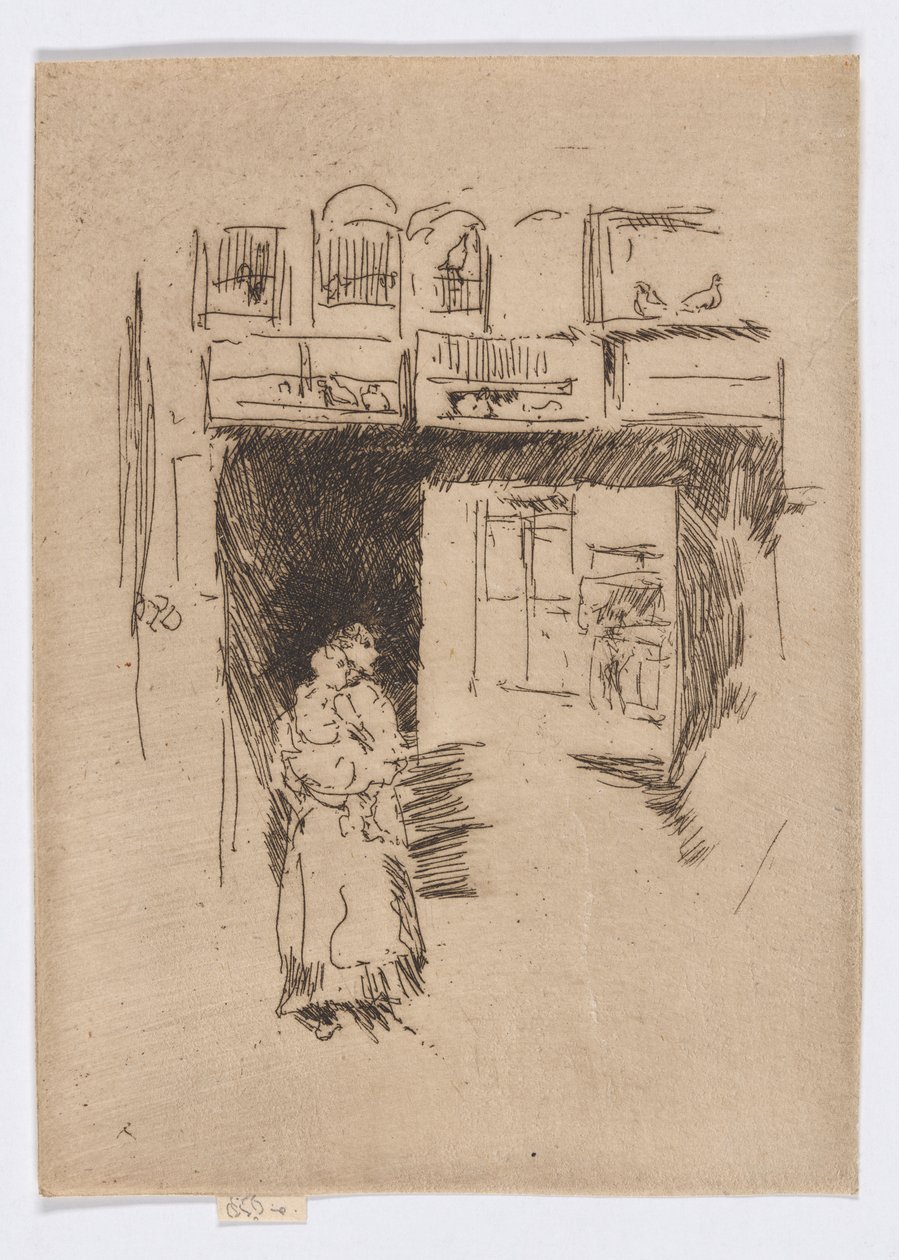 Bird Shop-Seven Dials, n.1886-88 (etsaus; muste paperille) tekijältä James Abbott McNeill Whistler