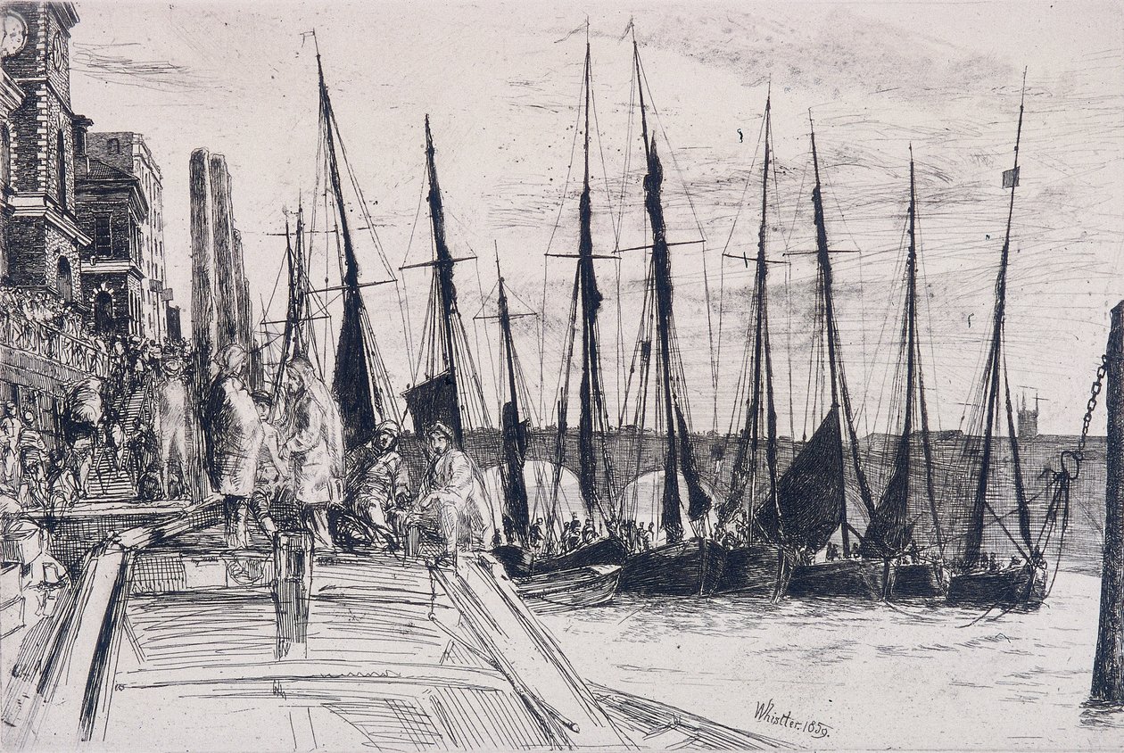 "Boats rinnalla Billingsgate", Lontoo, 1859 tekijältä James Abbott McNeill Whistler
