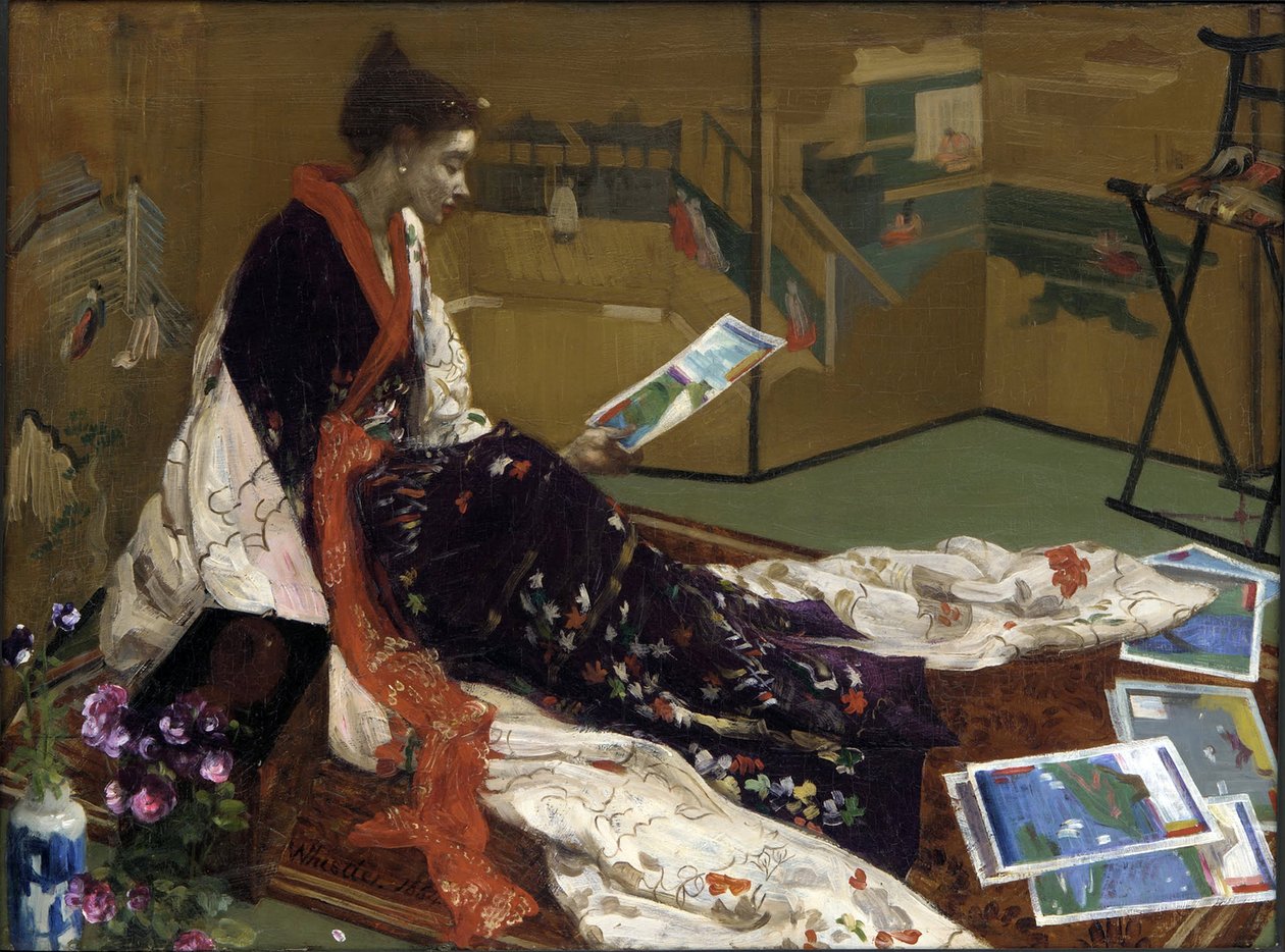 ""Caprice purppurassa ja kullassa: kultainen sermi"" Nuori nainen pukeutunut japanilaistyyliin kimonoon ja katselee printtejä - (japanilaisuus) James Abbott McNeill Whistlerin (1834-1903) maalaus 1864 Freer Gallery of Art, Washington, Yhdysvallat tekijältä James Abbott McNeill Whistler