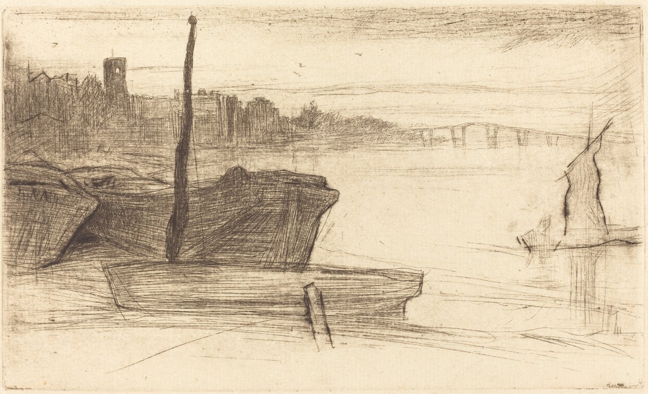 Chelsea Bridge ja kirkko, n. 18701871. tekijältä James Abbott McNeill Whistler