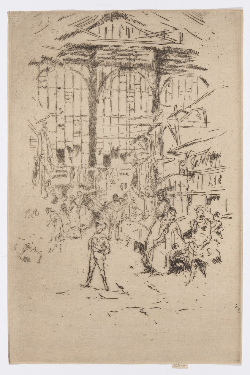Vaatevaihto, Houndsditch, nro 2, n.1886-88 (etsaus; tussi paperille). tekijältä James Abbott McNeill Whistler