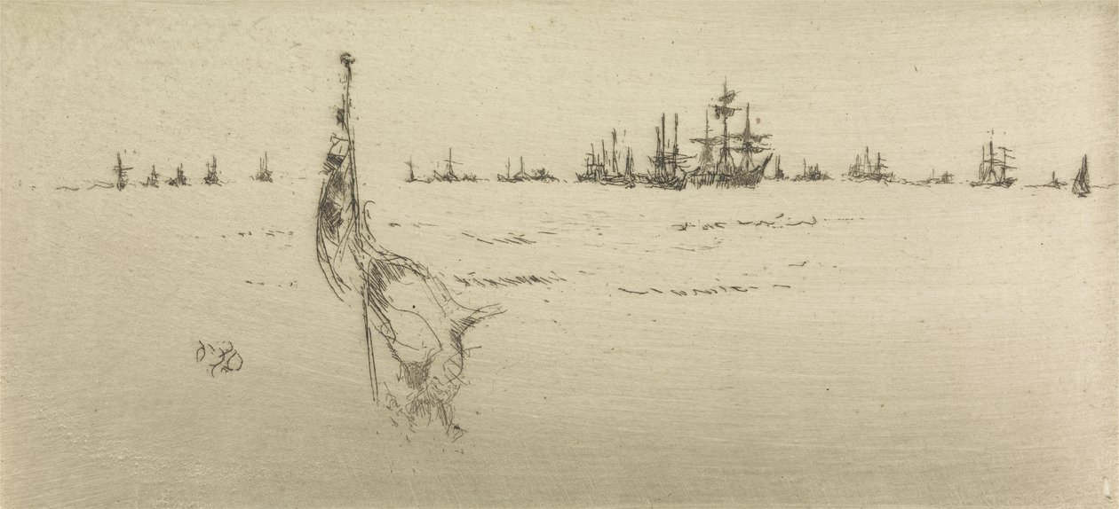 Dipping the Flag, kahdentoista etsauksen sarjasta The Naval Review, 1887 tekijältä James Abbott McNeill Whistler