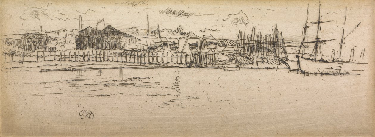 Dry-Dock, Southampton, kahdentoista etsauksen sarjasta The Naval Review, 1887 tekijältä James Abbott McNeill Whistler