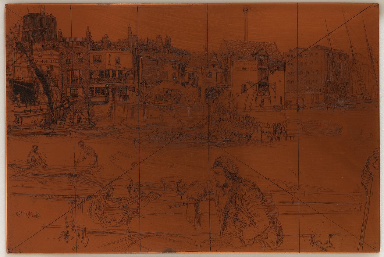 Etsauslevy: Black Lion Wharf, 1859. tekijältä James Abbott McNeill Whistler