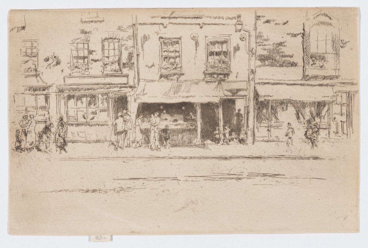 Fish Shop, Chelsea, n.1884-86 (etsaus; tussi paperille). tekijältä James Abbott McNeill Whistler