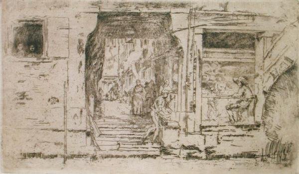 Kalakauppa, Venetsia (etsaus) tekijältä James Abbott McNeill Whistler