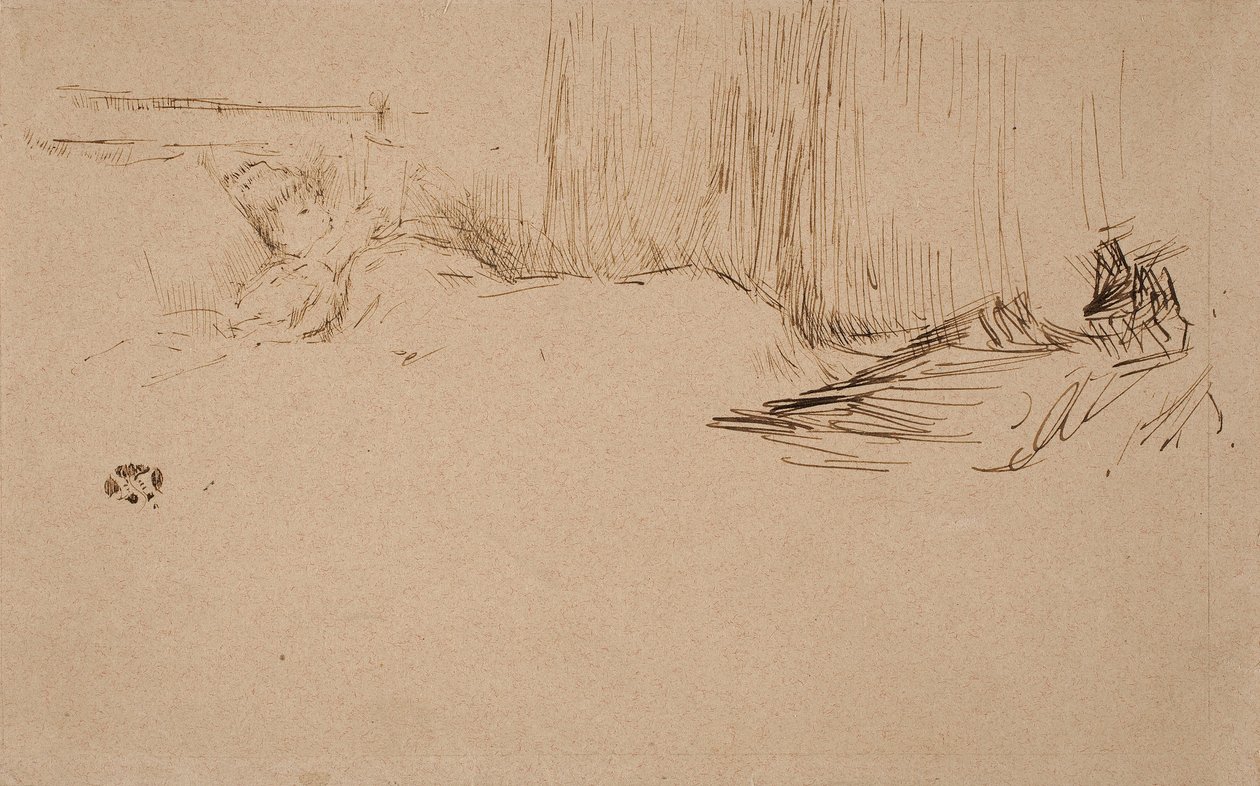Tyttö lukee sängyssä, n. 1882 tekijältä James Abbott McNeill Whistler