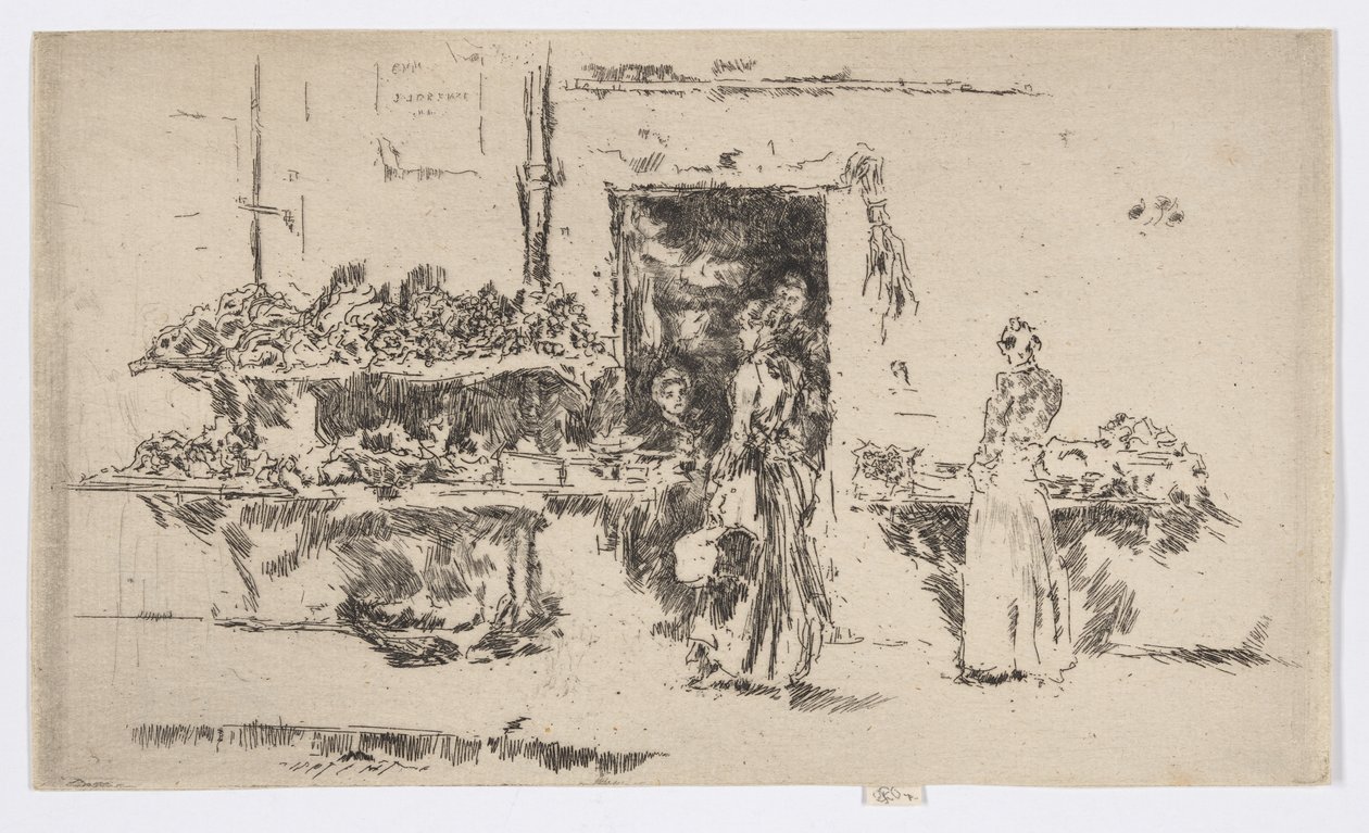 Vihanneskauppa, Pariisi, noin 1892-93 (etsaus; tussi paperille). tekijältä James Abbott McNeill Whistler